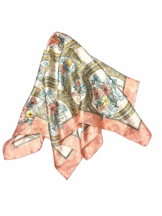 Silk Jacquard Square Scarf White Peach Floral Medallion Print Hand Rolled 29x29" - Picture 2 of 10